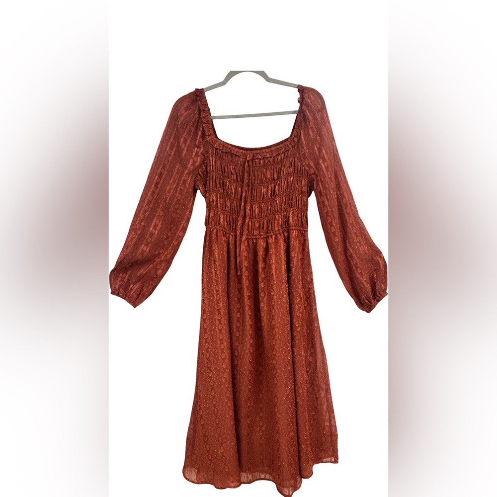 NWT Skies Are Blue Smocked Midi Dress‎ Rust Long Sleeve Boho Cottagecore | M